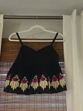 leifsdottir Black Spaghetti Strap Camisole with Gold and Pink Embroidery